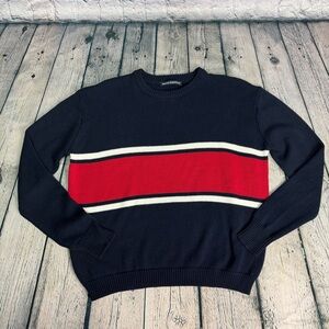 Brandy Melville Classic Preppy Crewneck Navy Knit Sweater w Red White Stripes OS